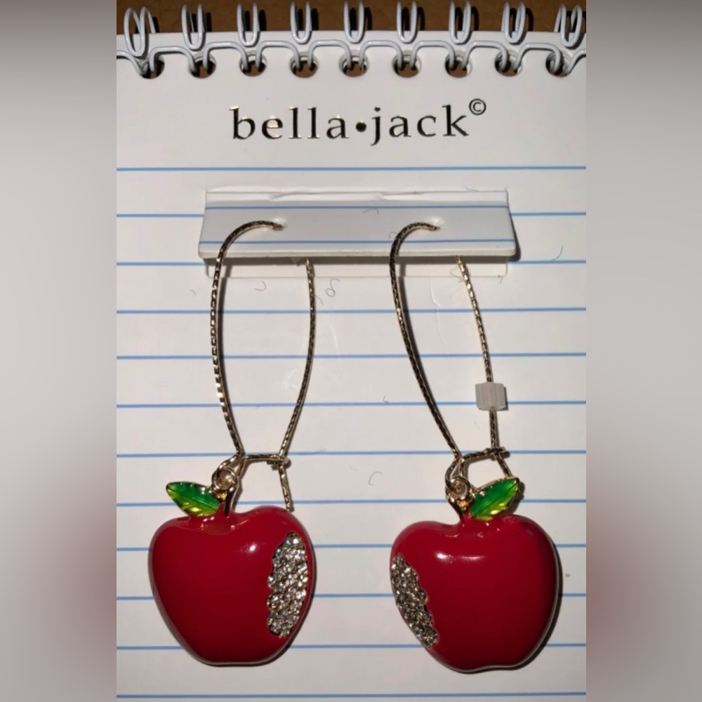 NWOT š Bella Jack gold tone red enamel CZ apple lightweight 2.5ā earrings - Picture 5 of 6